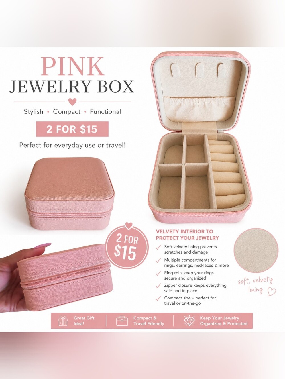 Pink Travel Jewelry Box Organizer | Velvet Interior | Compact Storage Case